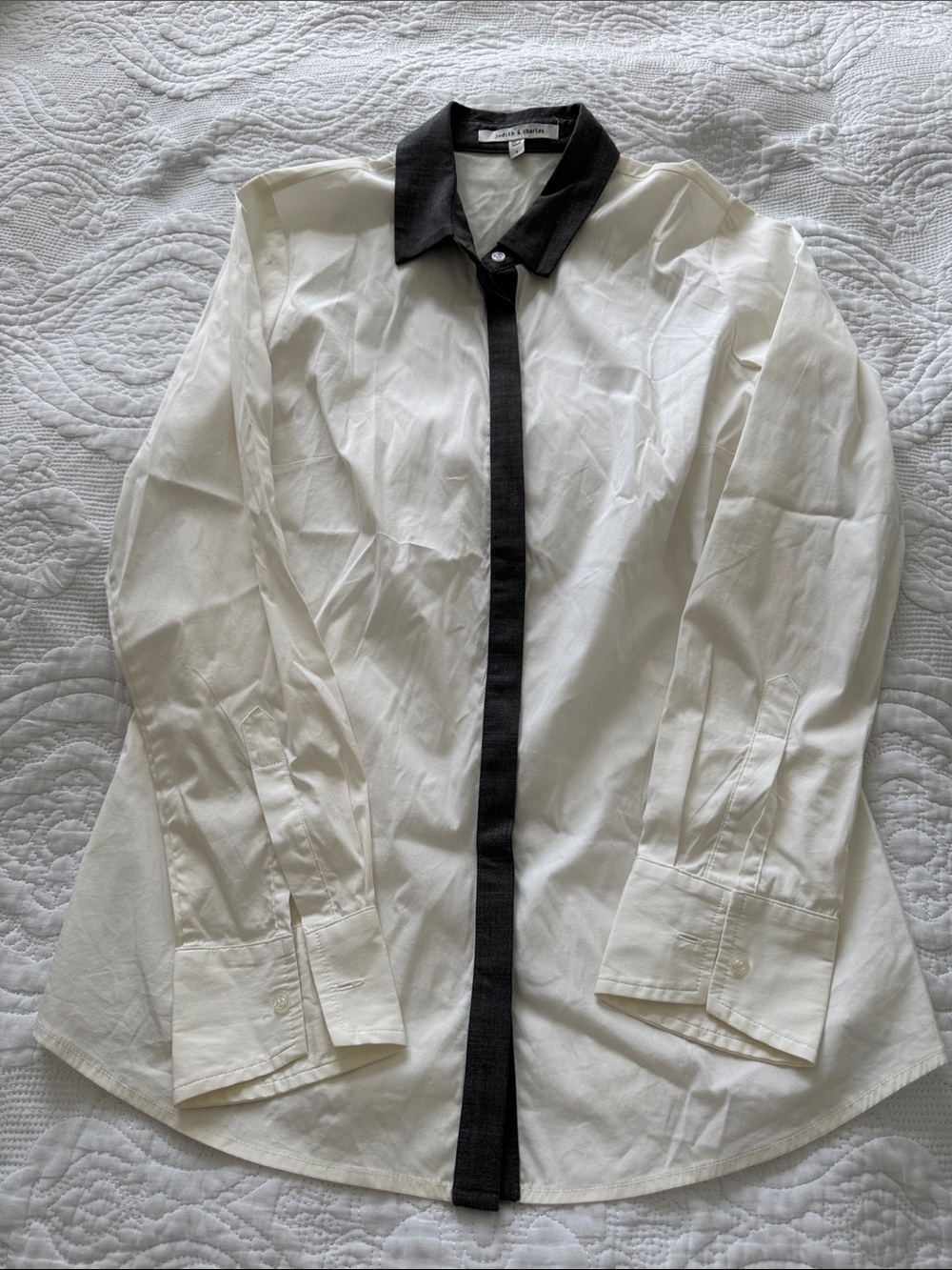 Women’s Two-Tone White Button-Up Shirt with Black Trim